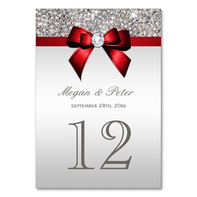Silver Sequins Red Bow Wedding Tischnummer Cards (Vorderseite)