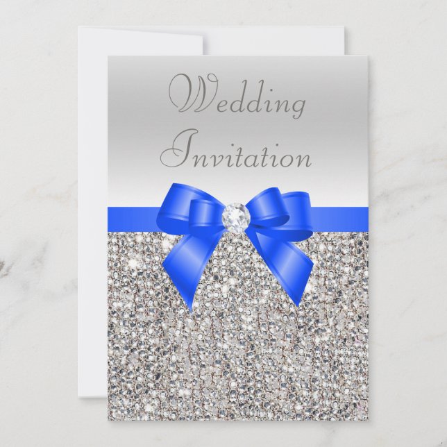 Silver Sequins Royal Blue Bow und Diamond Wedding Einladung (Vorderseite)