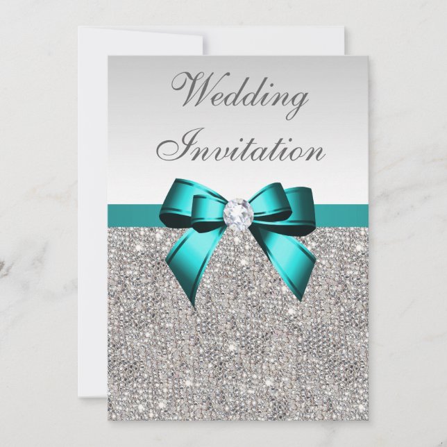 Silver Sequins Vibranding Aquamarine Diamond Bow W Einladung (Vorderseite)