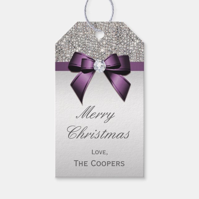 Silver Sequins Violet Diamond Bow Weihnachten Geschenkanhänger (Vorderseite)