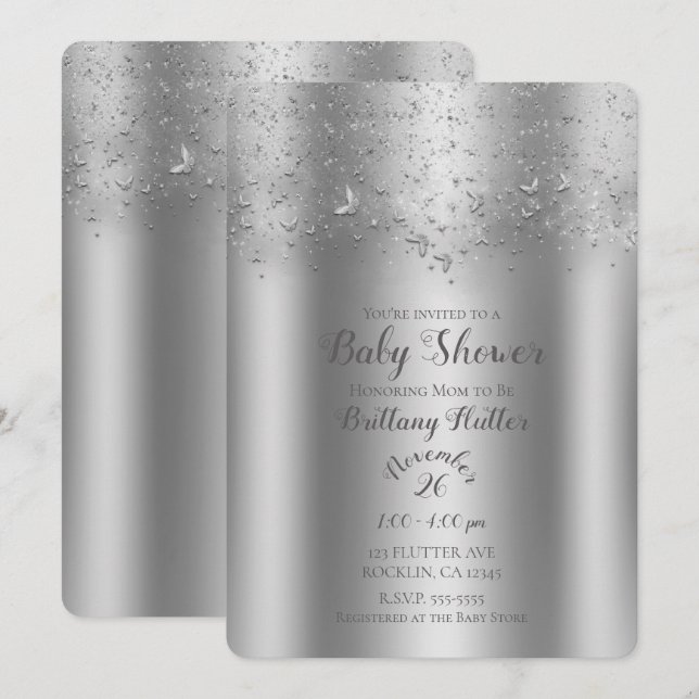 Silver Shimmer Flutter Butterfly Babydusche Einladung (Vorne/Hinten)