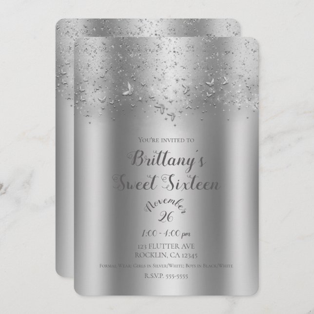 Silver Shimmer Flutter Schmetterling Sweet 16 Part Einladung (Vorne/Hinten)