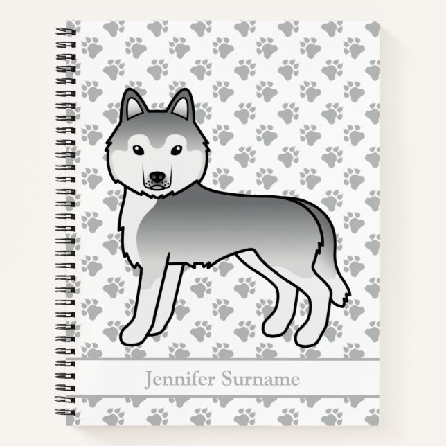 Silver Siberian Husky Cartoon Dog & Text Notizbuch (Vorderseite)