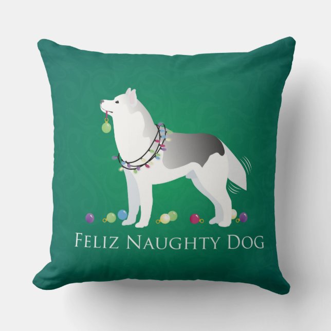 Silver Siberian Husky Feliz Naughty Dog Weihnachte Kissen (Vorderseite)