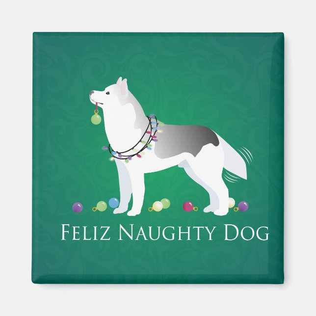 Silver Siberian Husky Feliz Naughty Dog Weihnachte Magnet (Vorne)
