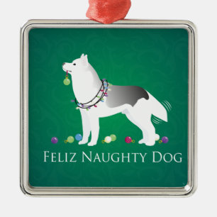 Silver Siberian Husky Feliz Naughty Dog Weihnachte Silbernes Ornament