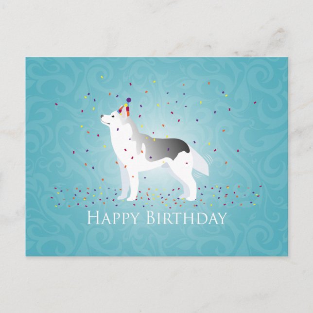 Silver Siberian Husky Hund Happy Birthday Design Postkarte (Vorderseite)