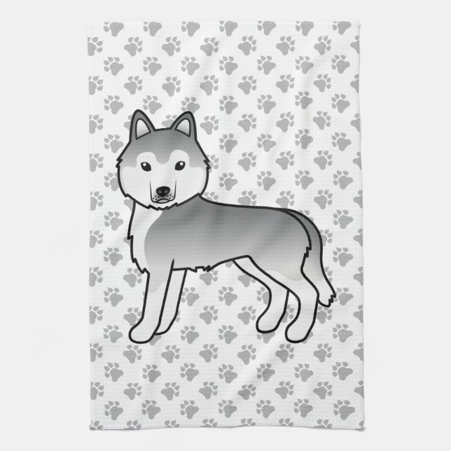 Silver Siberian Husky Niedlich Cartoon Dog Geschirrtuch (Vertikal)