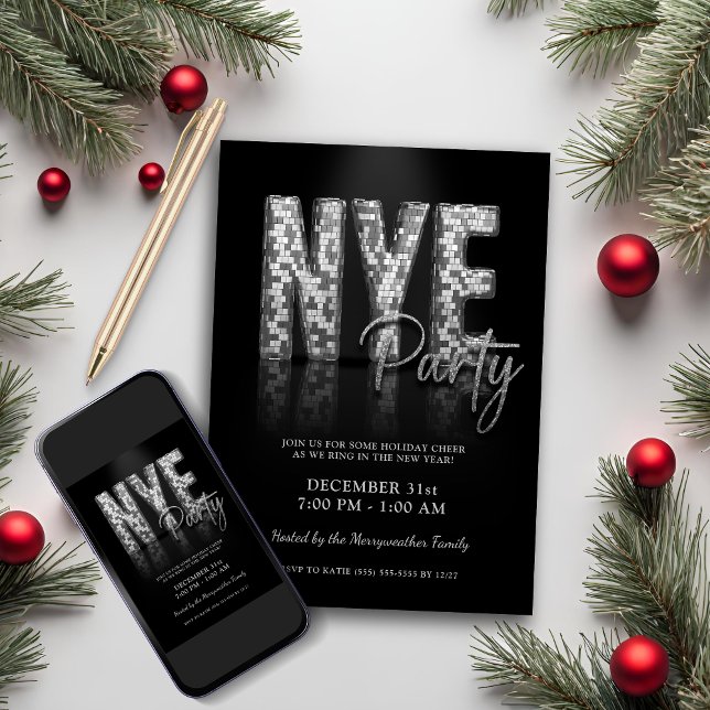 Silver Silvester Disco Party Einladung (Silver New Years Eve Disco Party Invitation)