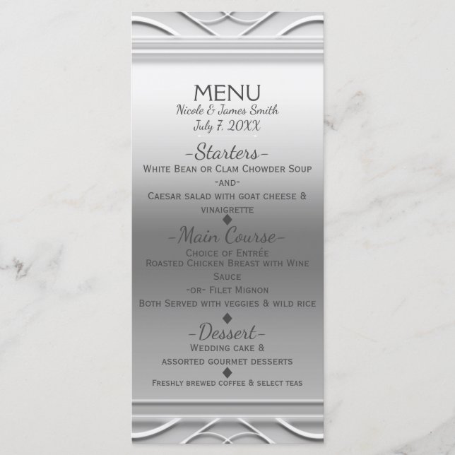 Silver Simple Elegante Chic Wedding Menu Card Menükarte (Vorderseite)