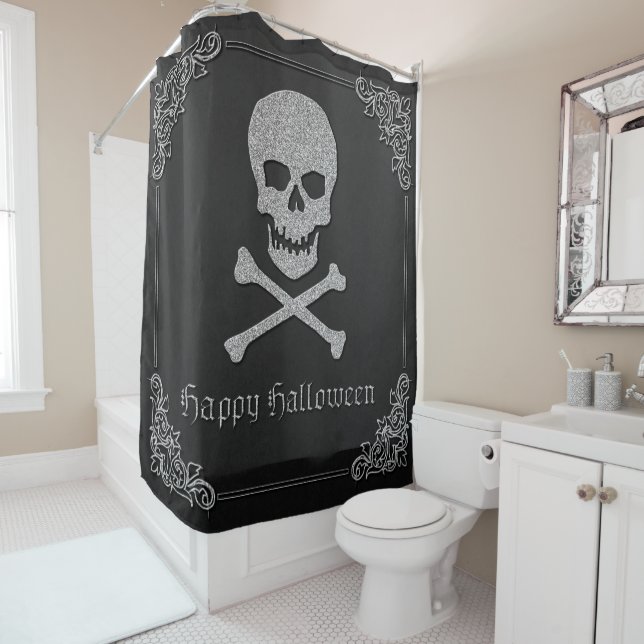 Silver Skull & Crossbones Halloween Duschvorhang (Beispiel)