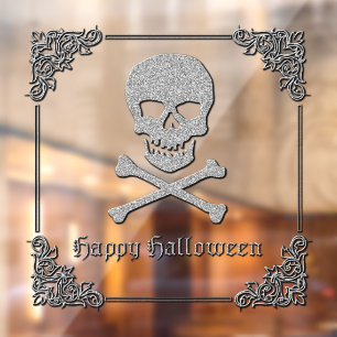Silver Skull & Crossbones Halloween Fensteraufkleber