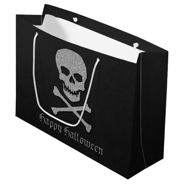 Silver Skull & Crossbones Halloween Große Geschenktüte (Vorderseite Schrägansicht)