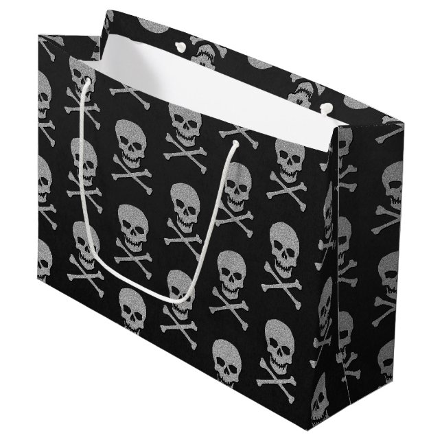 Silver Skull & Crossbones Halloween Große Geschenktüte (Vorderseite Schrägansicht)