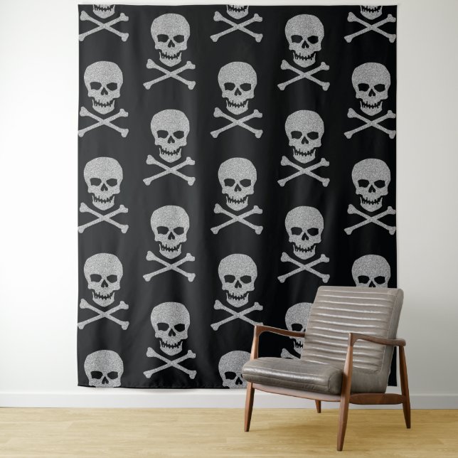 Silver Skull & Crossbones Halloween Hintergrund Wandteppich (Beispiel)