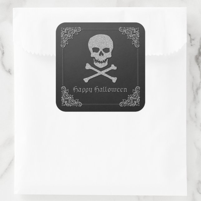 Silver Skull & Crossbones Halloween Quadratischer Aufkleber (Tasche)