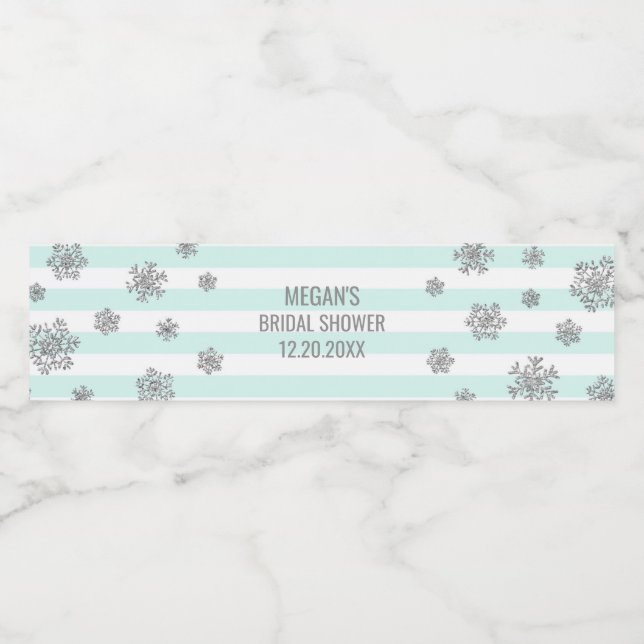 Silver Snow Blue Stripes Winter Brautparty Wasserflaschenetikett (Einzelnes Label)