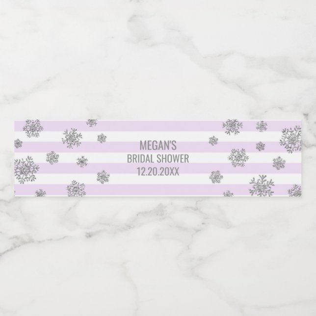 Silver Snow Lila Streifen Winter Brautparty Wasserflaschenetikett (Einzelnes Label)