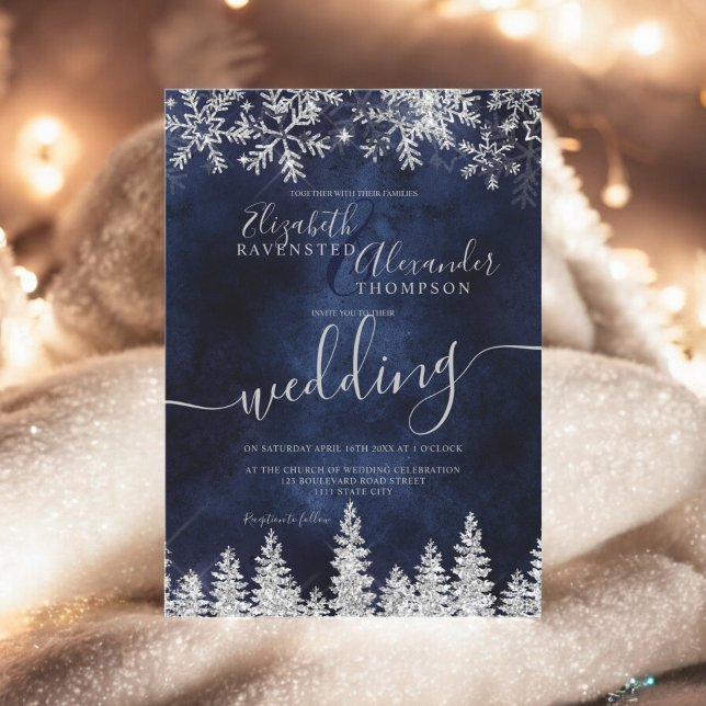 Silver Snow Pine Marine Weihnachts Winterhochzeit Einladung (Silver snow pine navy Christmas winter wedding Invitation)