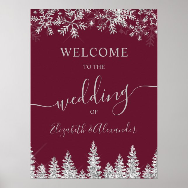 Silver snow pine red Christmas winter wedding Poster (Vorne)
