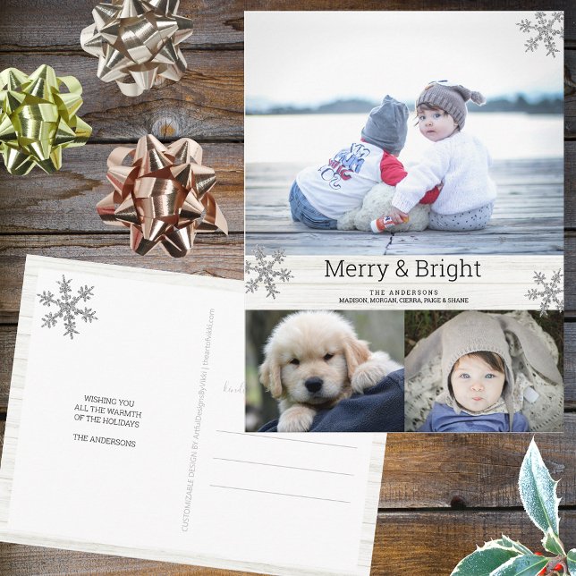 Silver Snowflake 3 Foto Collage Holiday Postkarte (Personalize this 3 photo Christmas postcard with your name, pictures and a custom holiday greeting.)