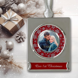 Silver Snowflake auf Red First Christmas Banner-Ornament Silber
