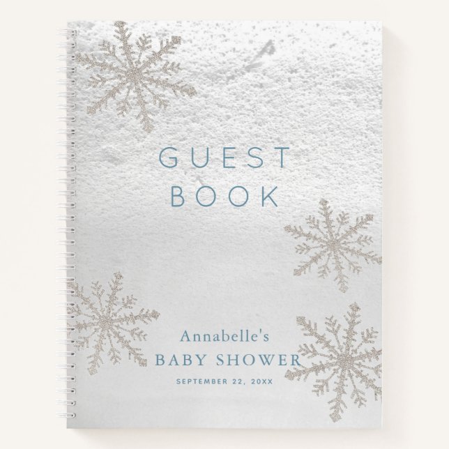 Silver Snowflake Baby Dusche Blue Gästebuch Notizbuch (Vorderseite)