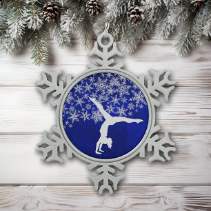 Silver Snowflake Gymnast auf Blue Schneeflocken Zinn-Ornament