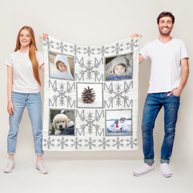 Silver Snowflake Optionales Monogramm 5-Foto Fleecedecke (Beispiel)