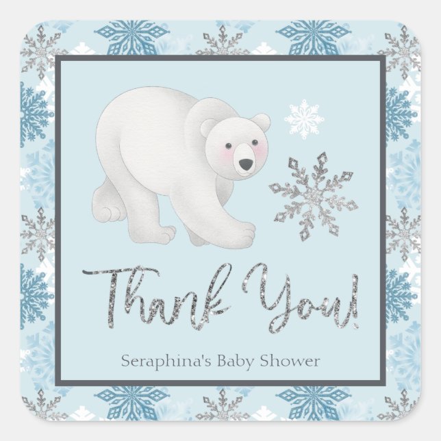 Silver Snowflake Polar Bear Baby Dusche Vielen Dan Quadratischer Aufkleber (Vorderseite)