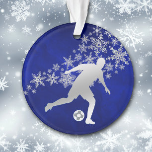 Silver Snowflake Soccer Player auf Blue Ornament