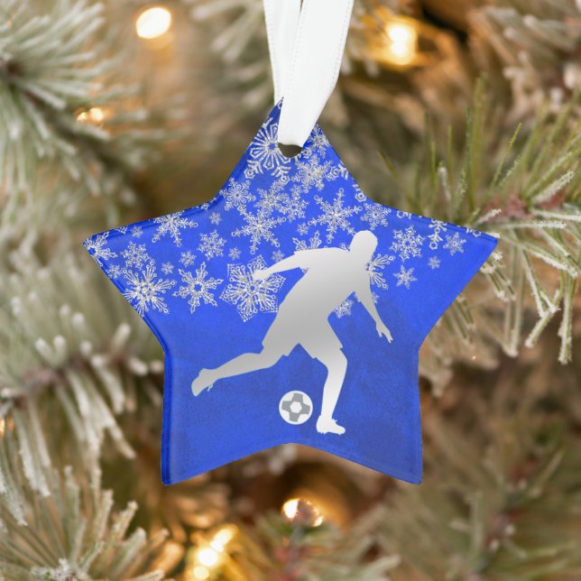 Silver Snowflake Soccer Player auf Blue Ornament (Baum)
