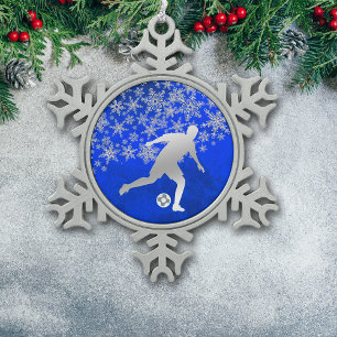 Silver Snowflake Soccer Player auf Blue Schneeflocken Zinn-Ornament