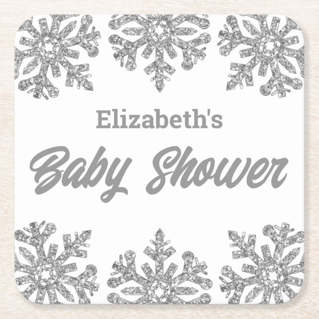 Silver Snowflake Winter Baby Dusche Rechteckiger Pappuntersetzer (Vorderseite)