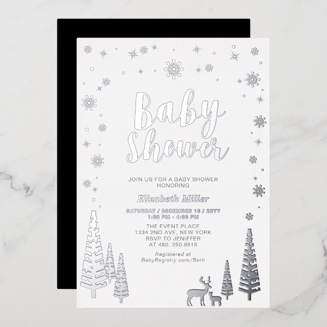 Silver Snowflake Winter Forest Baby Shower Foil Folieneinladung (Vorderseite/Rückseite)
