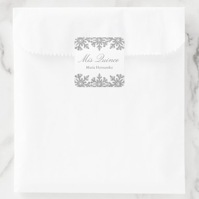 Silver Snowflake Winter Quinceanera Quadratischer Aufkleber (Tasche)