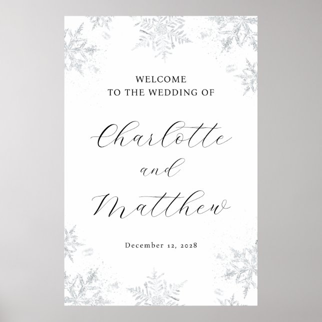 Silver Snowflake Winter Wedding Willkommenszeichen Poster (Vorne)