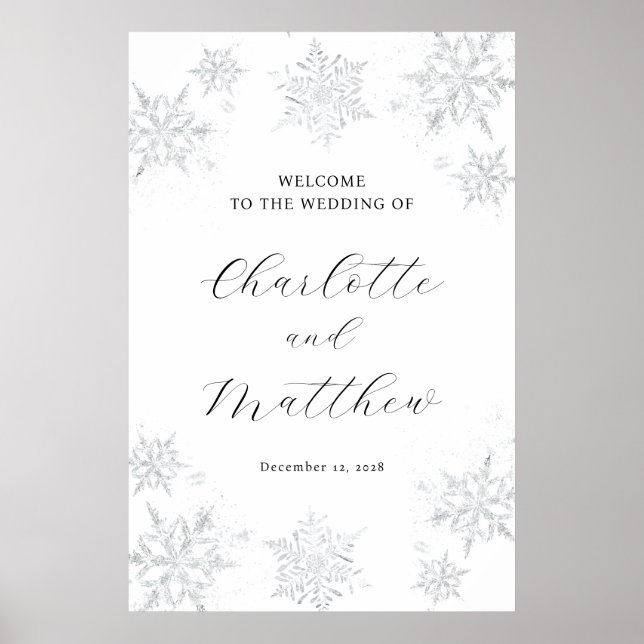 Silver Snowflake Winter Wedding Willkommenszeichen Poster (Vorne)