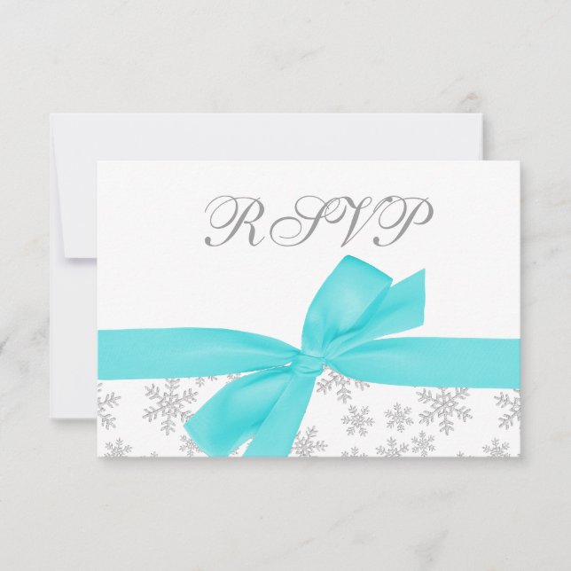 Silver Snowflakes Aquamarin Bow RSVP Card Karte (Vorderseite)