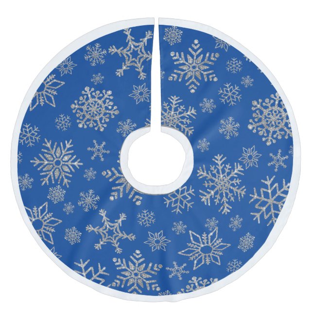 Silver Snowflakes auf Blue Christmas Polyester Weihnachtsbaumdecke (Vorderseite)