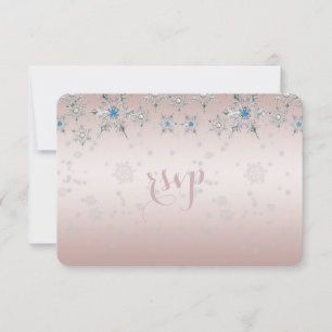 Silver Snowflakes Crystal Pearl Pink Wedding RSVP Karte