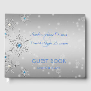 Silver Snowflakes Crystals Blue Pearls Hochzeit Gästebuch