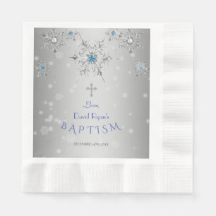 Silver Snowflakes Crystals Pearls Gray Boy Taufe Serviette