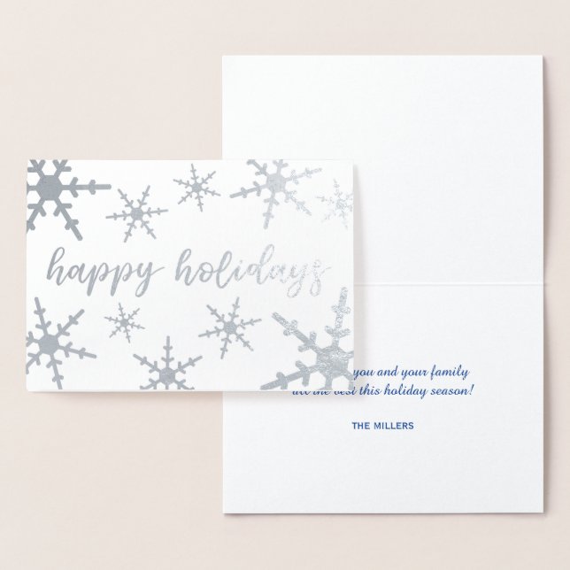 Silver Snowflakes Happy Holidays Script Folienkarte (Anzeige)
