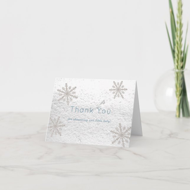 Silver Snowflakes White Snow Baby Dusche Blau Dankeskarte (Vorderseite)