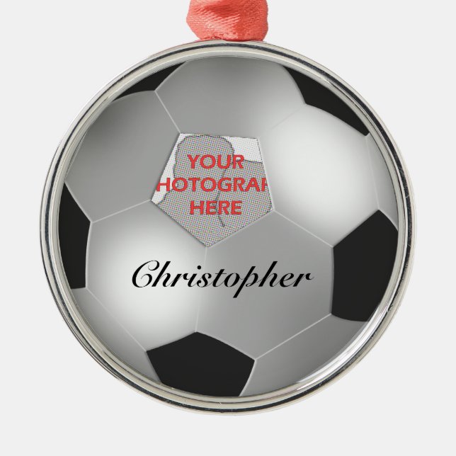 Silver-Soccer-Ball individuell anpassbares Foto Silbernes Ornament (Vorne)