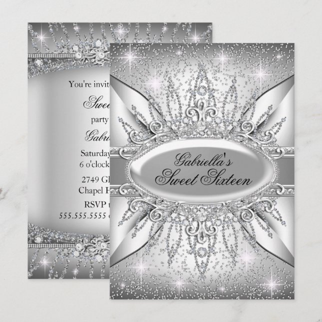 Silver Sparkle Diamond Sweet 16 Einladung (Vorne/Hinten)