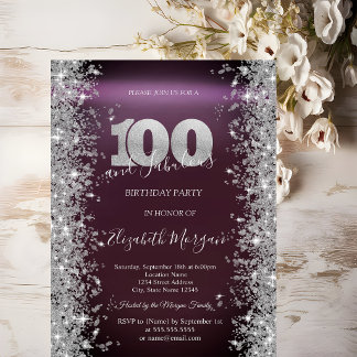 Silver Sparkle Diamonds Burgundy 100. Geburtstag Einladung