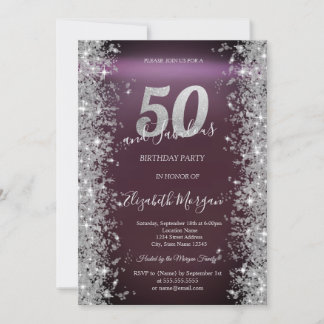 Silver Sparkle Diamonds Burgundy 50. Geburtstag Einladung