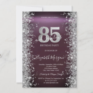 Silver Sparkle Diamonds Burgundy 85. Geburtstag Einladung